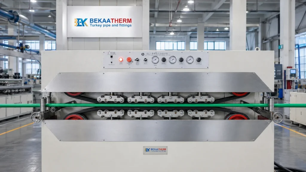 Bekaatherm PPR pipe extrusion line pulling green pipe through the haul-off unit