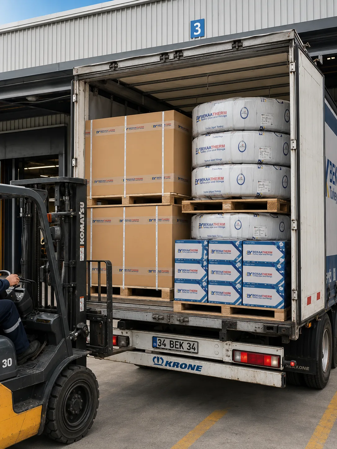 Certified Bekaatherm piping loaded for export, customs documents matched to destination market
