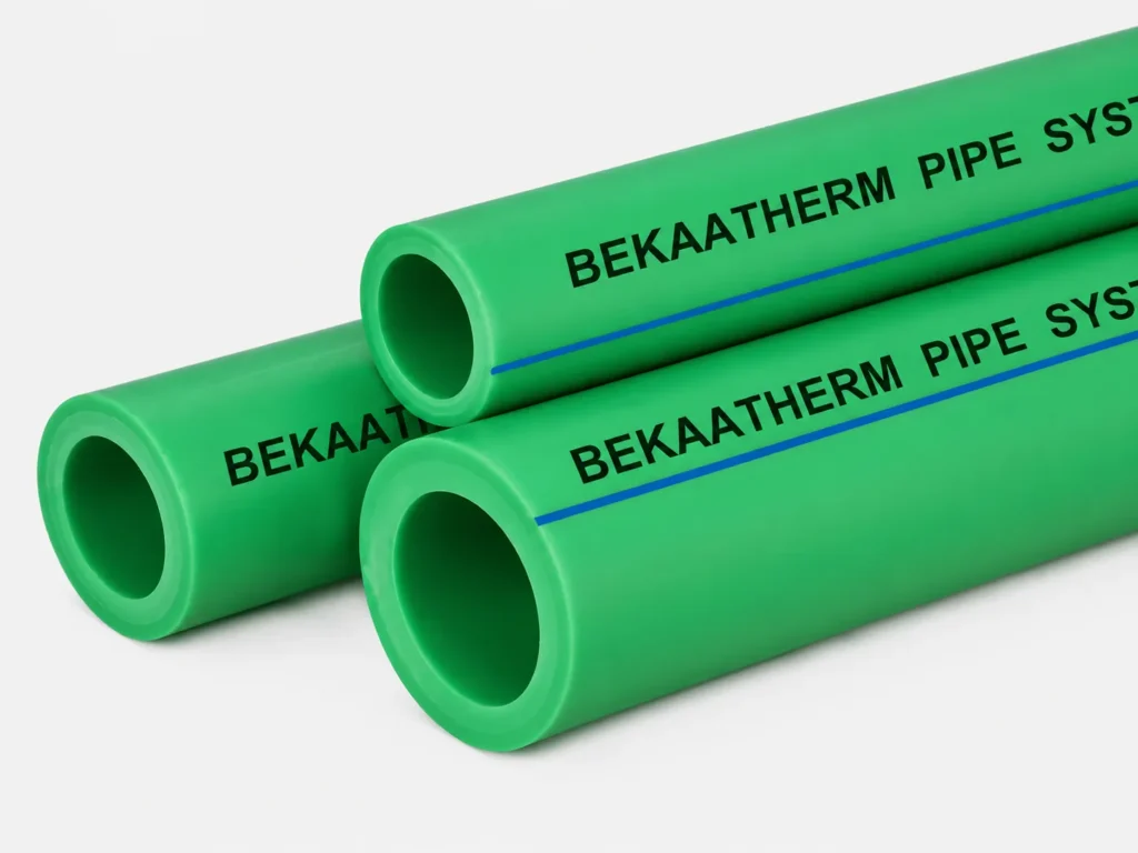 Green PPR pipe installed in a wall for cold and hot water