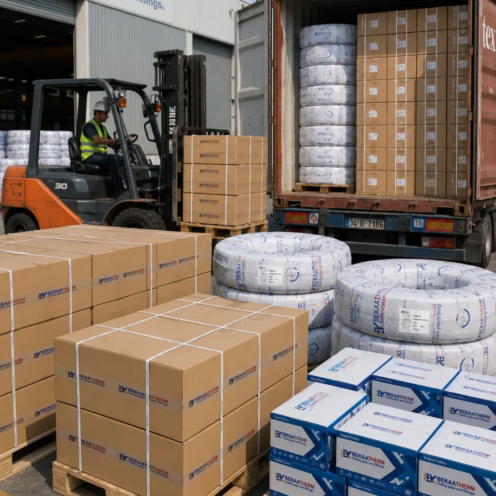 PPR pipe stuffed into a shipping container for export