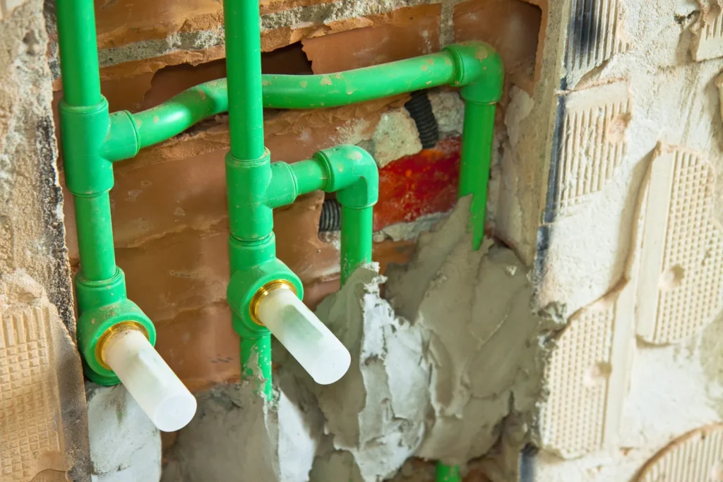 Green PPR pipe installed in a wall for hot and cold water supply