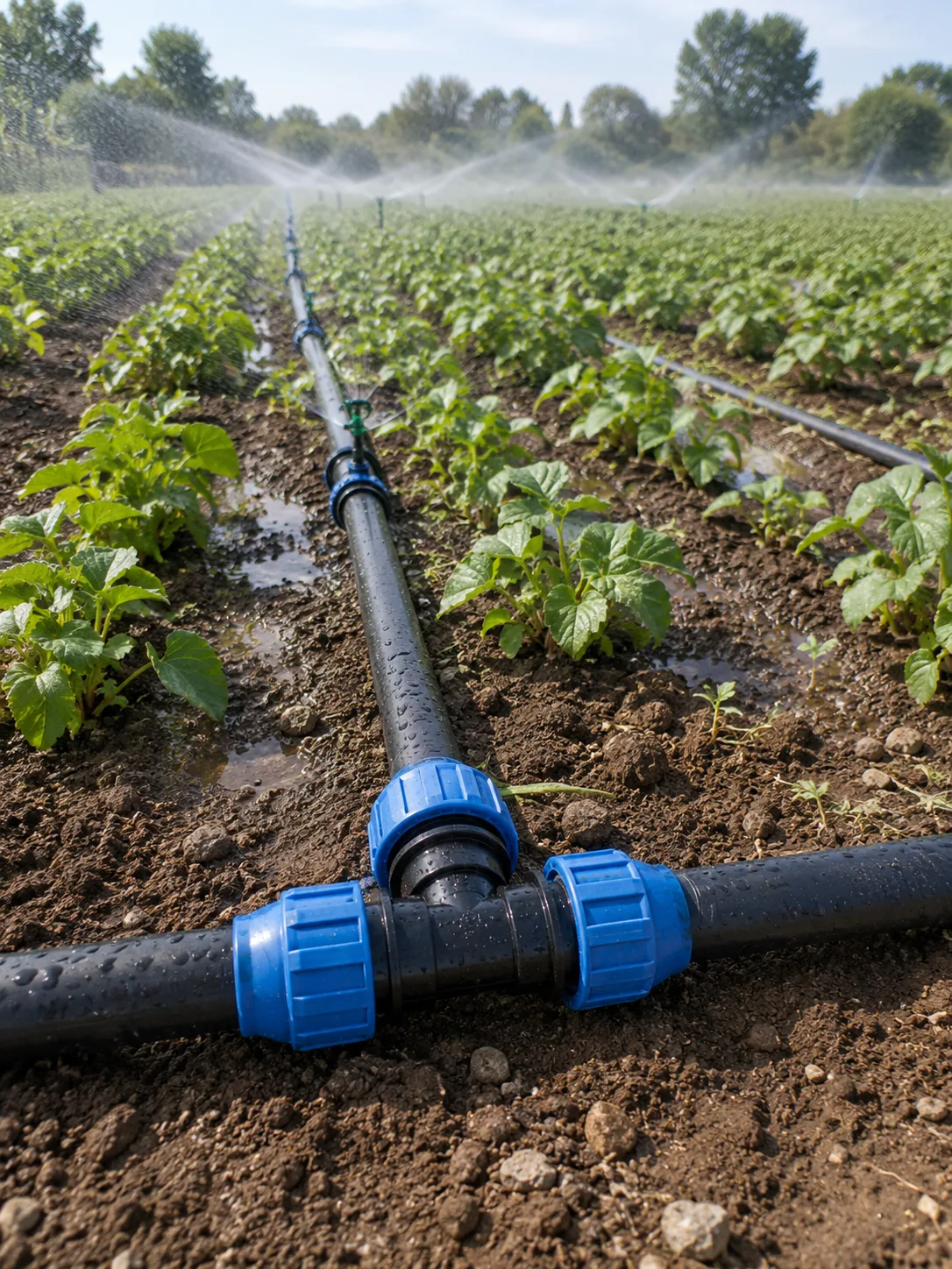 Agricultural irrigation network with HDPE pipe and saddle clamps