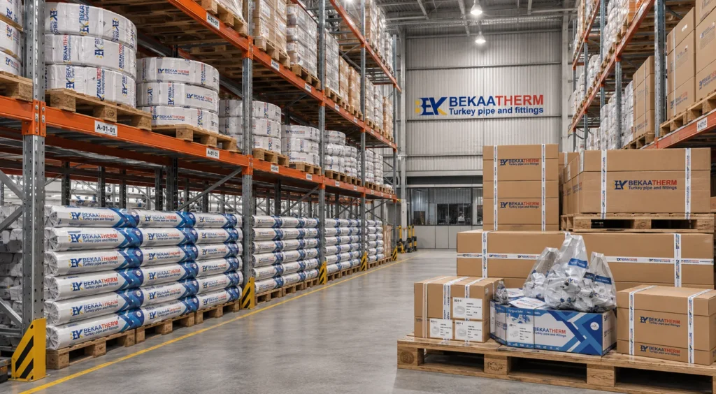 Racked Bekaatherm pipe bundles and palletised fittings in the export warehouse, stock staged for HDPE pipe jointing orders