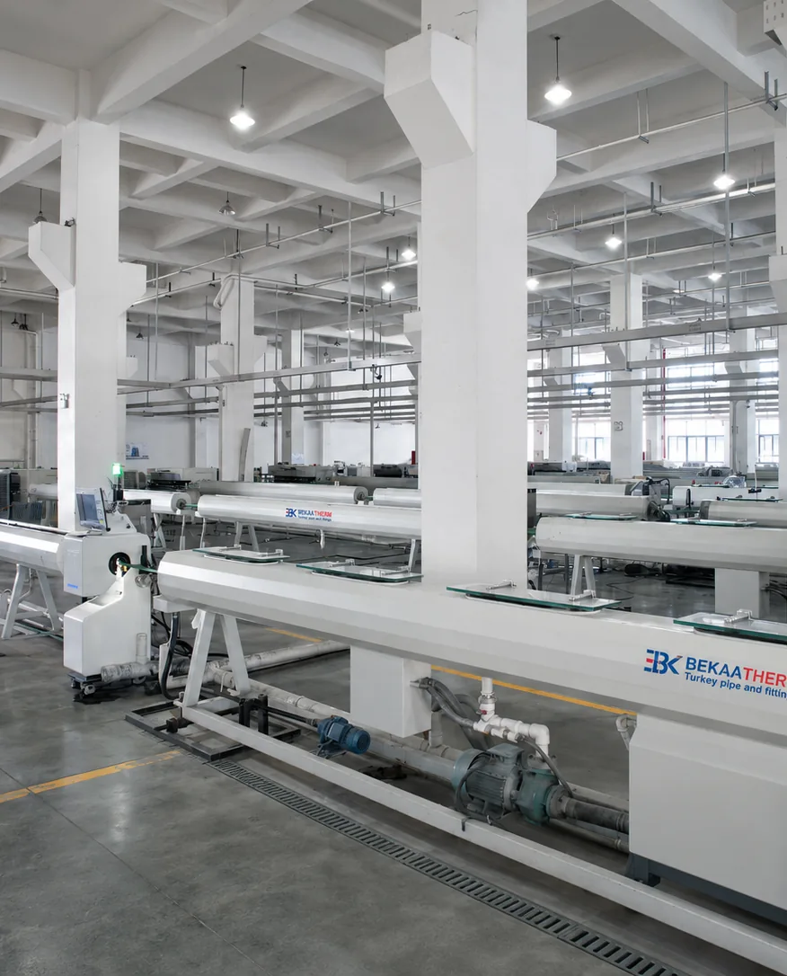 PPR pipe extrusion line producing green, white and coffee pipe at Bekaatherm
