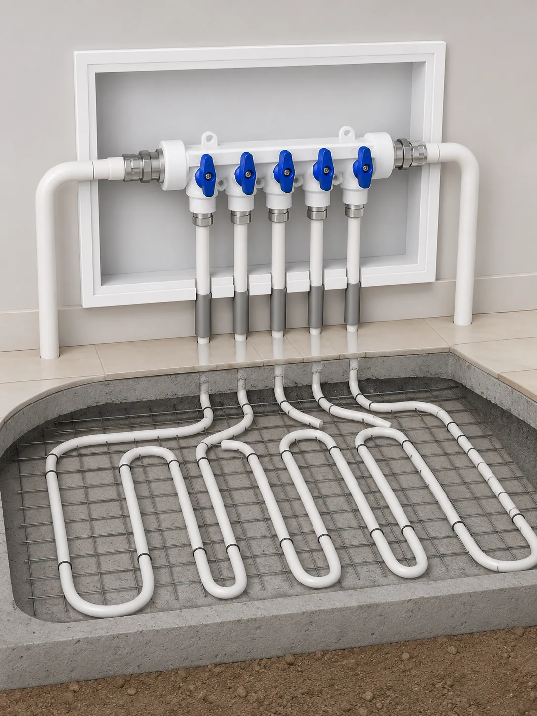 PPR composite pipe run into a heated wall circuit