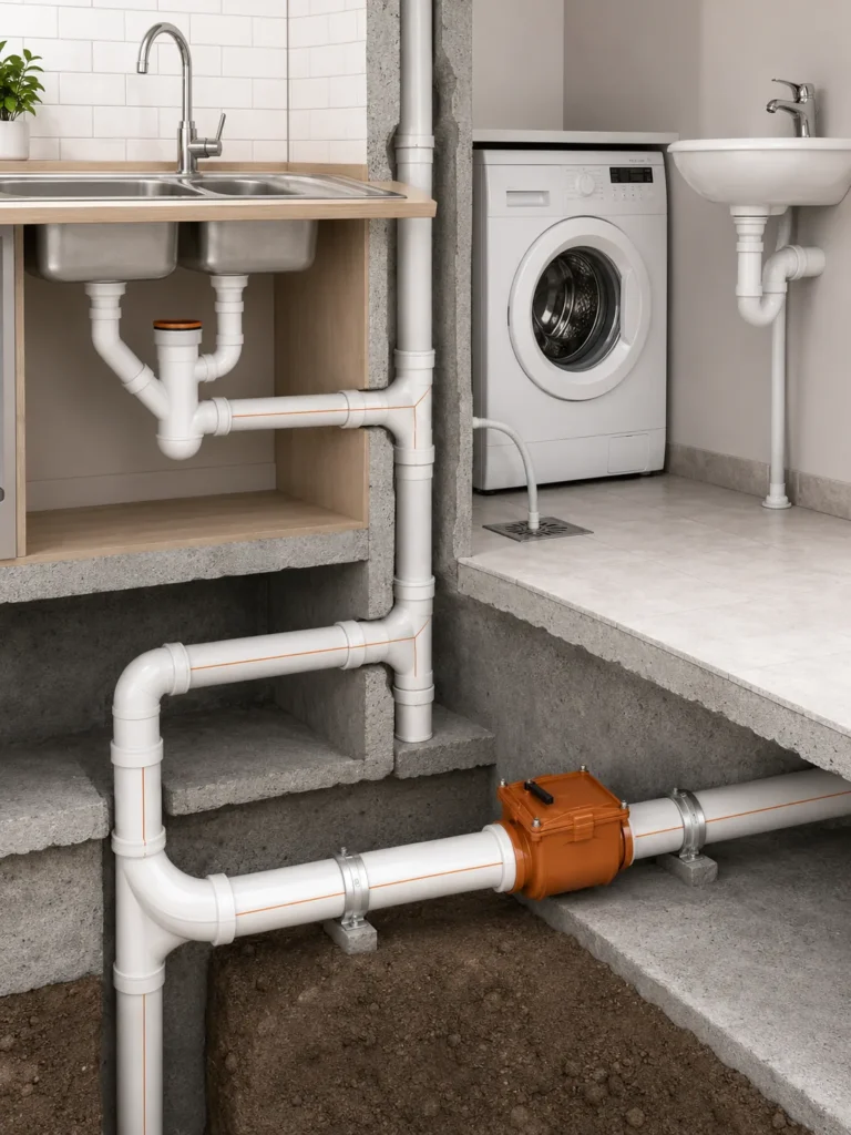 UPVC siphon and non-return valve, illustrative placeholder