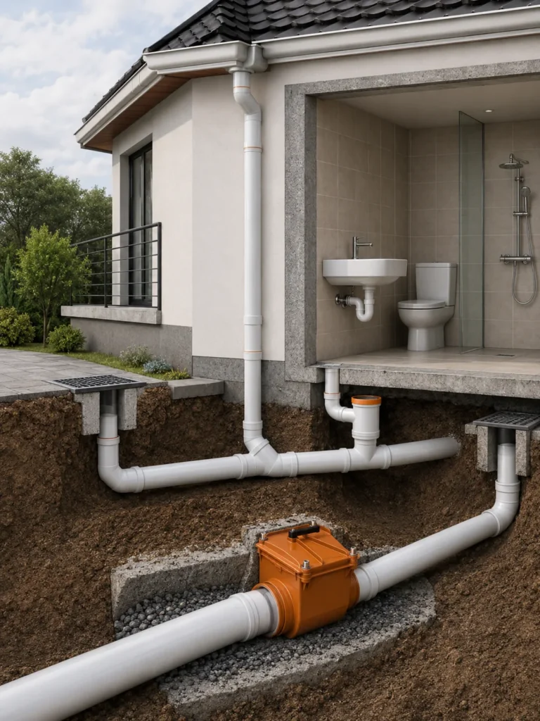 White UPVC soil stack installation, illustrative placeholder