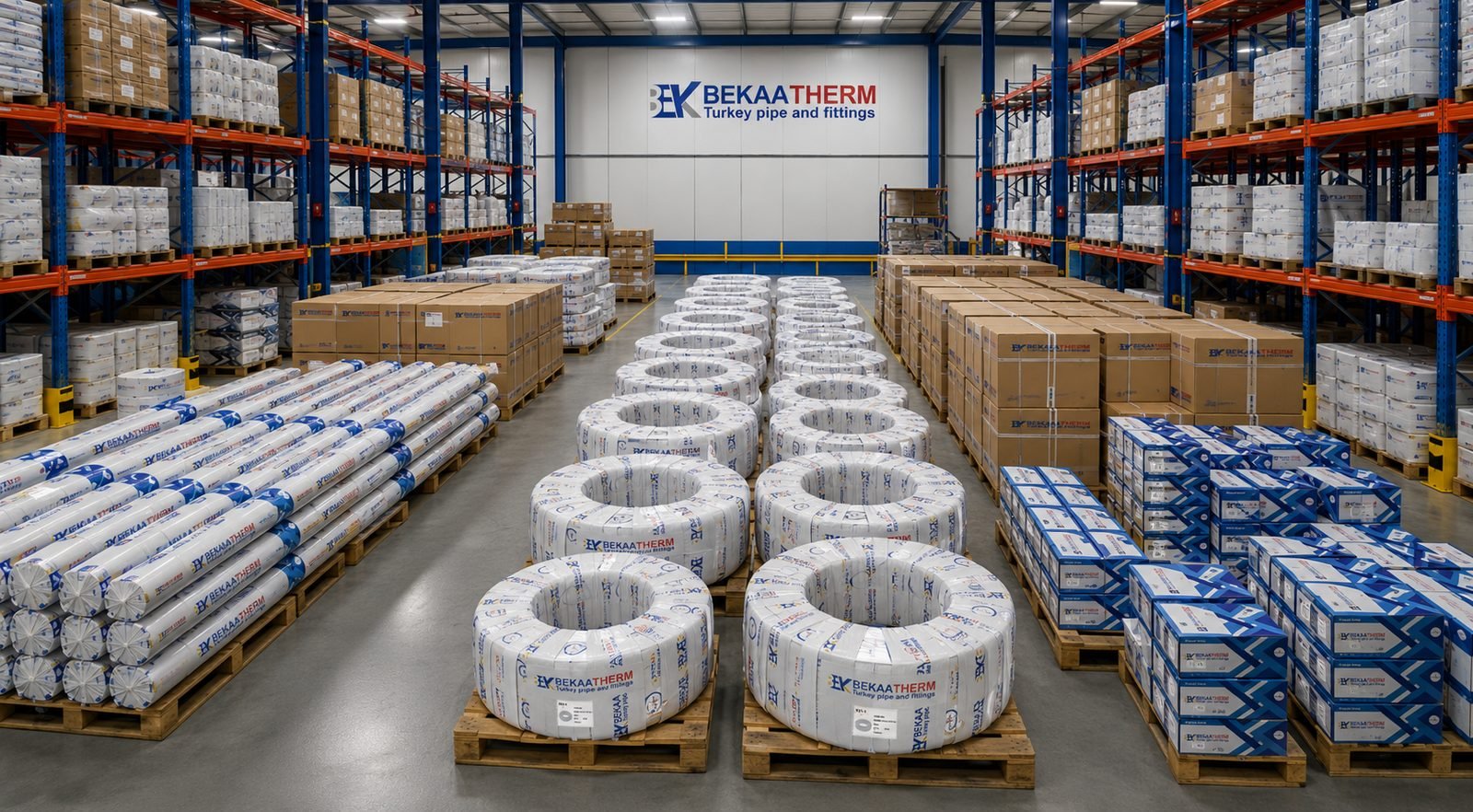 Branded warehouse aisle with racked pallets of pipe coils and cartons ready for export