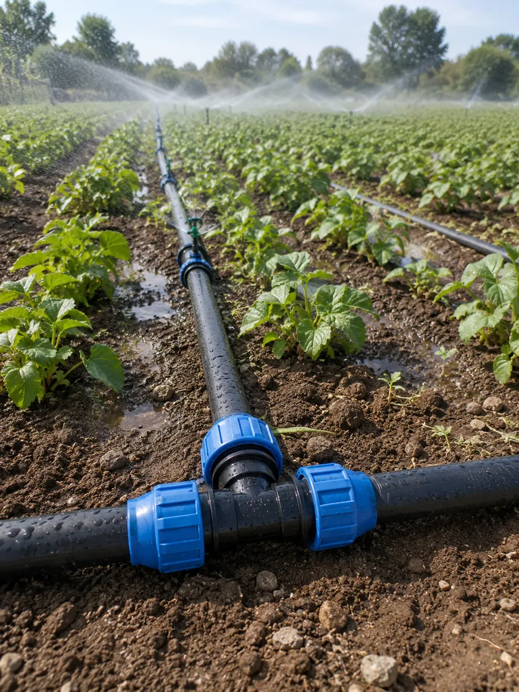 Black HDPE irrigation line with blue PP compression tee joining a branch across a young crop field with sprinklers running