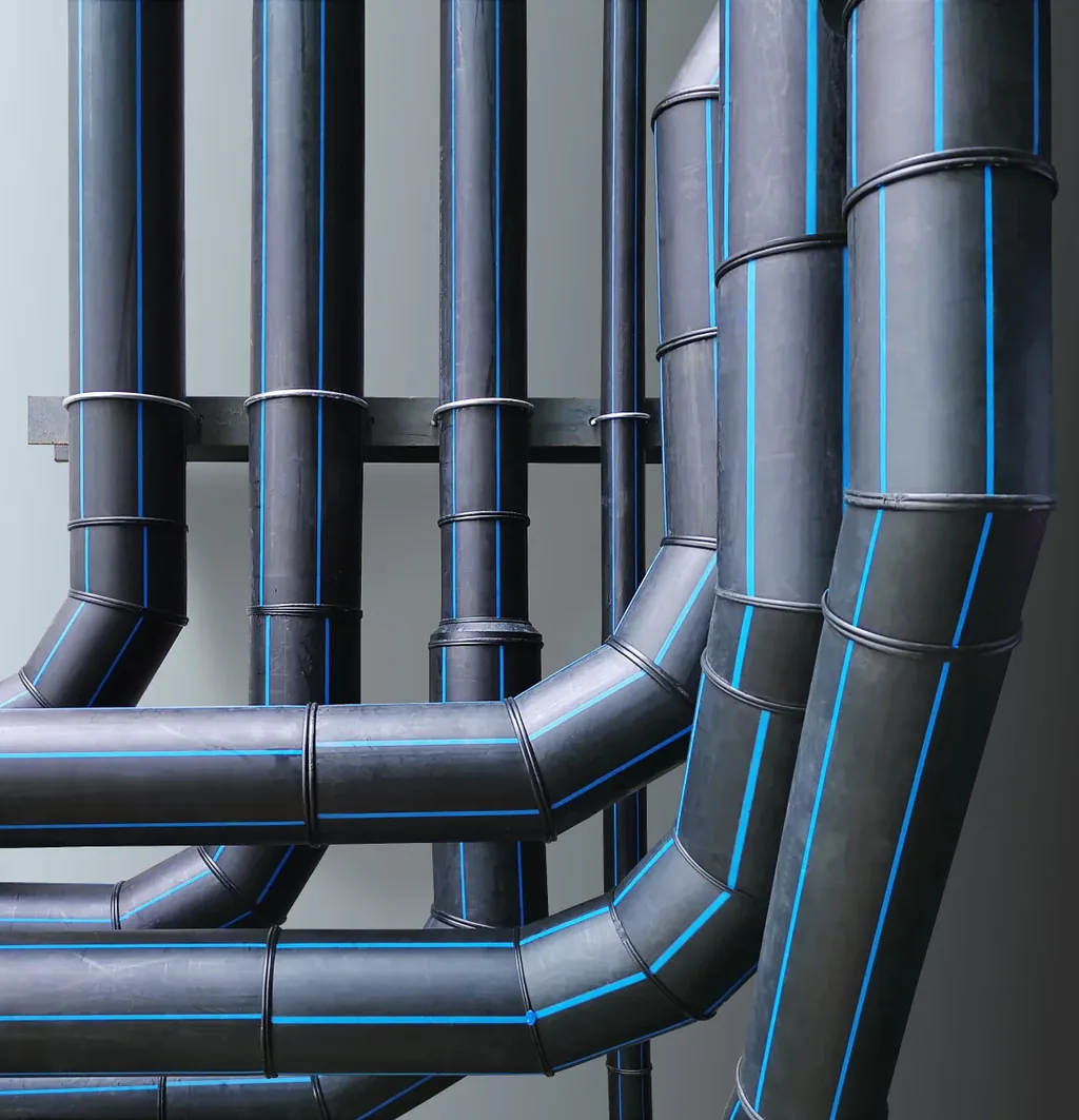 Black HDPE mains pipework with blue identification stripes, bends and branch connections assembled in a municipal network arrangement