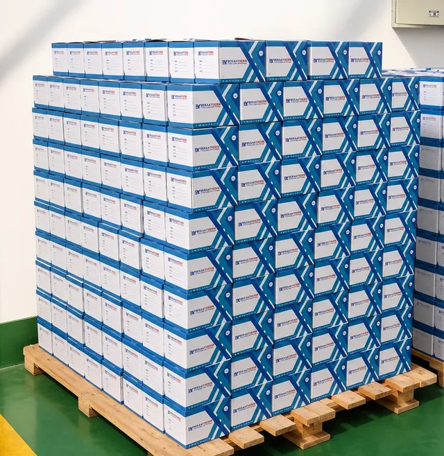 Two full pallets of printed cartons shrink-wrapped and banded on timber bases, stacked in tight interlocking rows on a factory floor