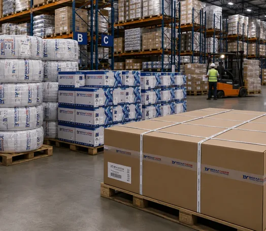 Palletised Bekaatherm cartons and pipe coils on warehouse racking