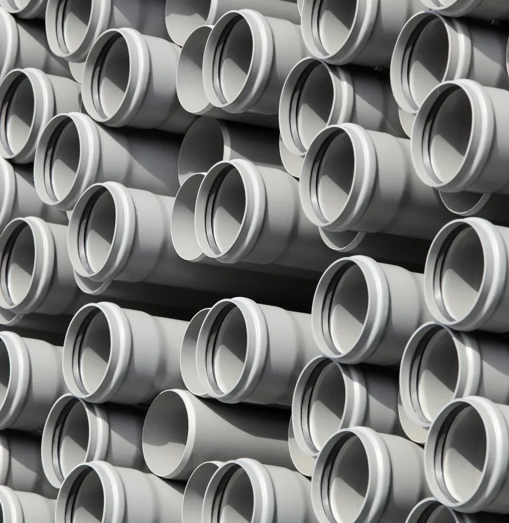 UPVC and PP drainage pipe and fittings laid out as a bill of materials, the gravity soil-and-waste stock that EN 1451 and EN 1329 cover