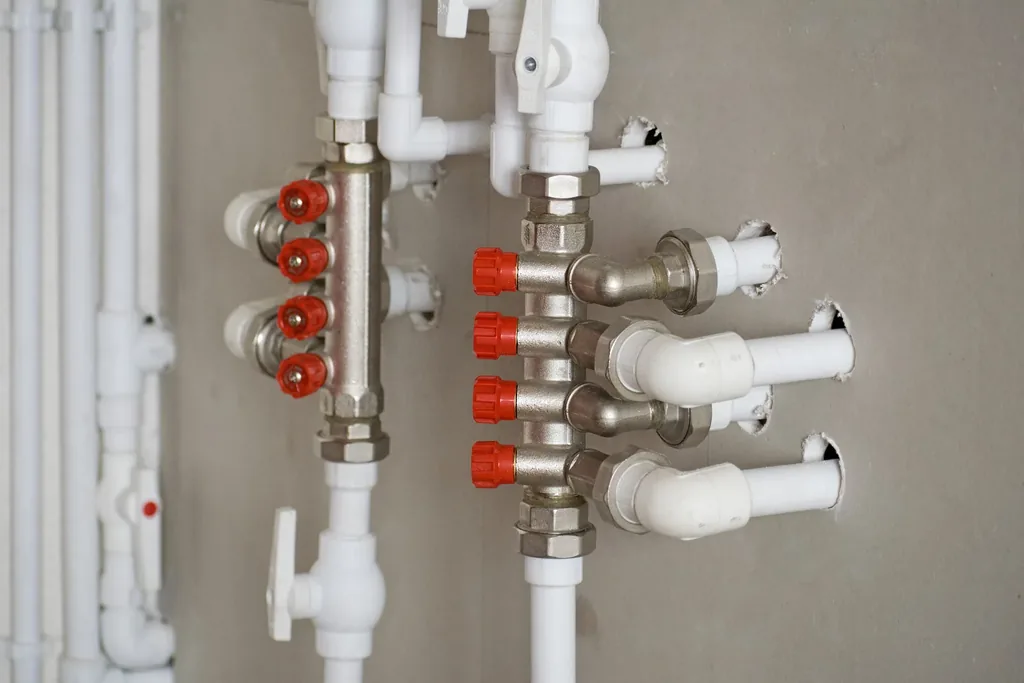 Wall-mounted heating manifold with red circuit isolation caps and white pipe drops