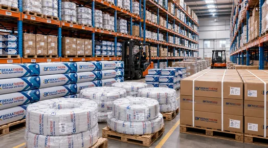 Bekaatherm warehouse aisle with tall racking and a forklift
