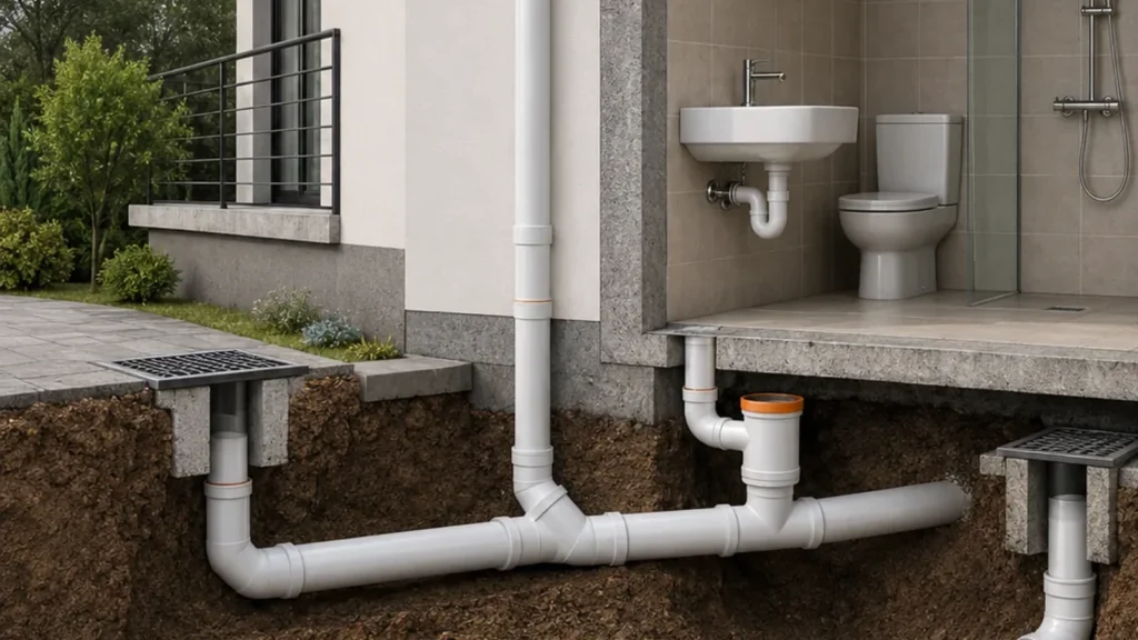Soil and waste stack with branch connections turning into the underground drain, illustrating the layout zones this guide sets rules for